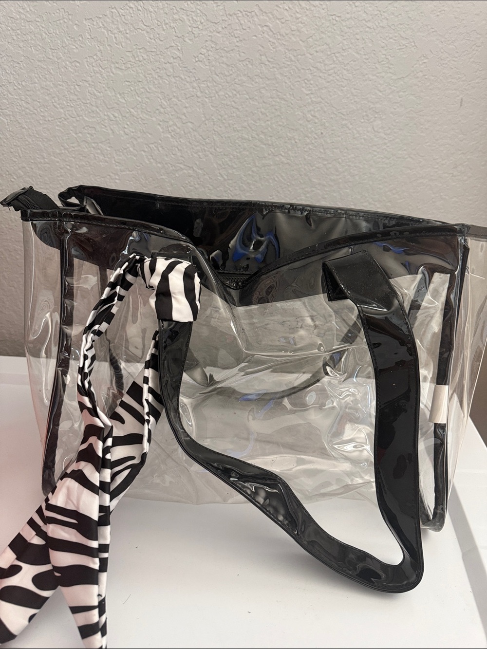 Large Clear Tote Bag with Black Trim and Zebra Scarf